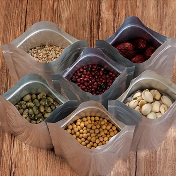 Silver mylar bags on wooden table