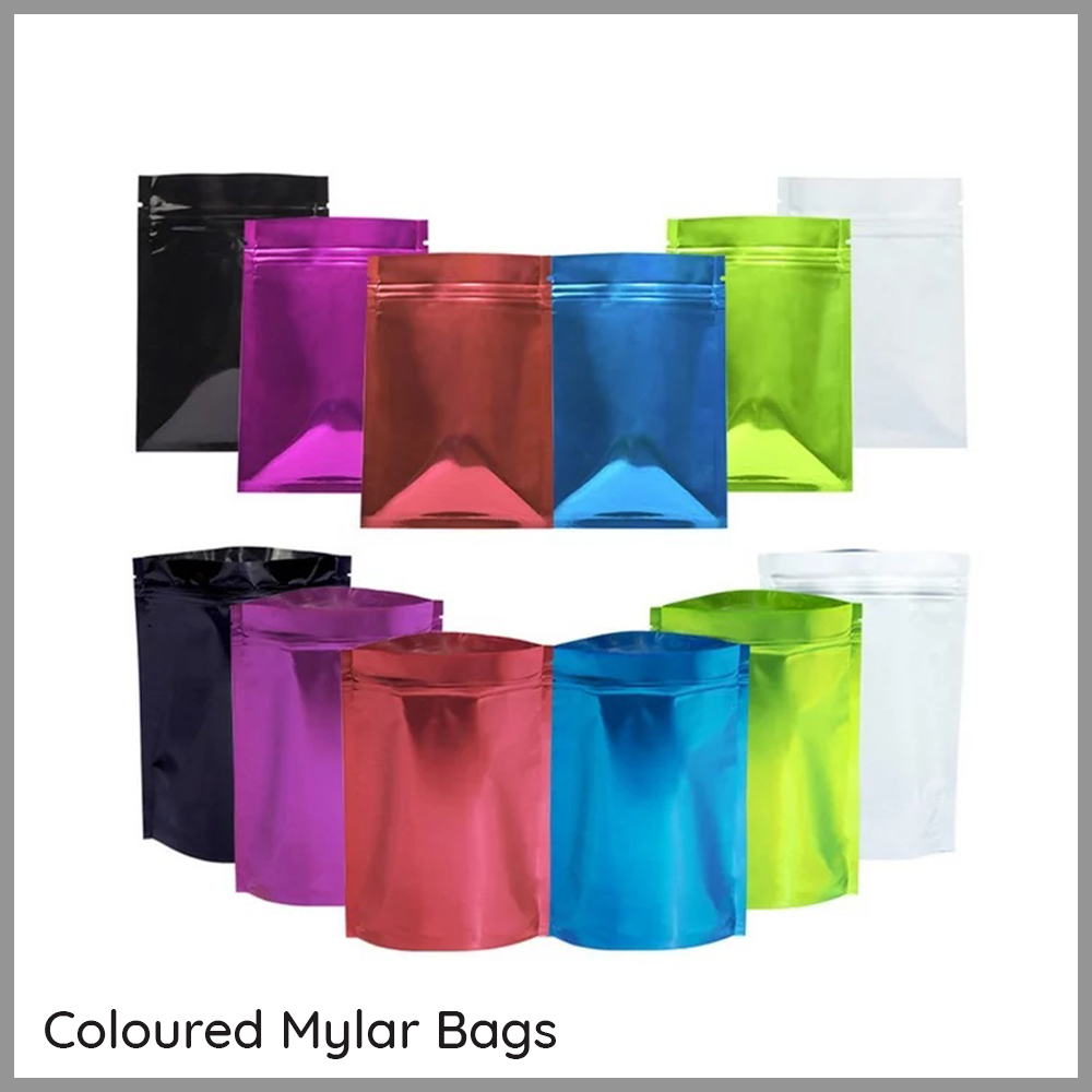Coloured mylar bags flat and stand